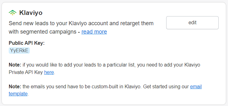 how to send leads to klaviyo public api key provided2